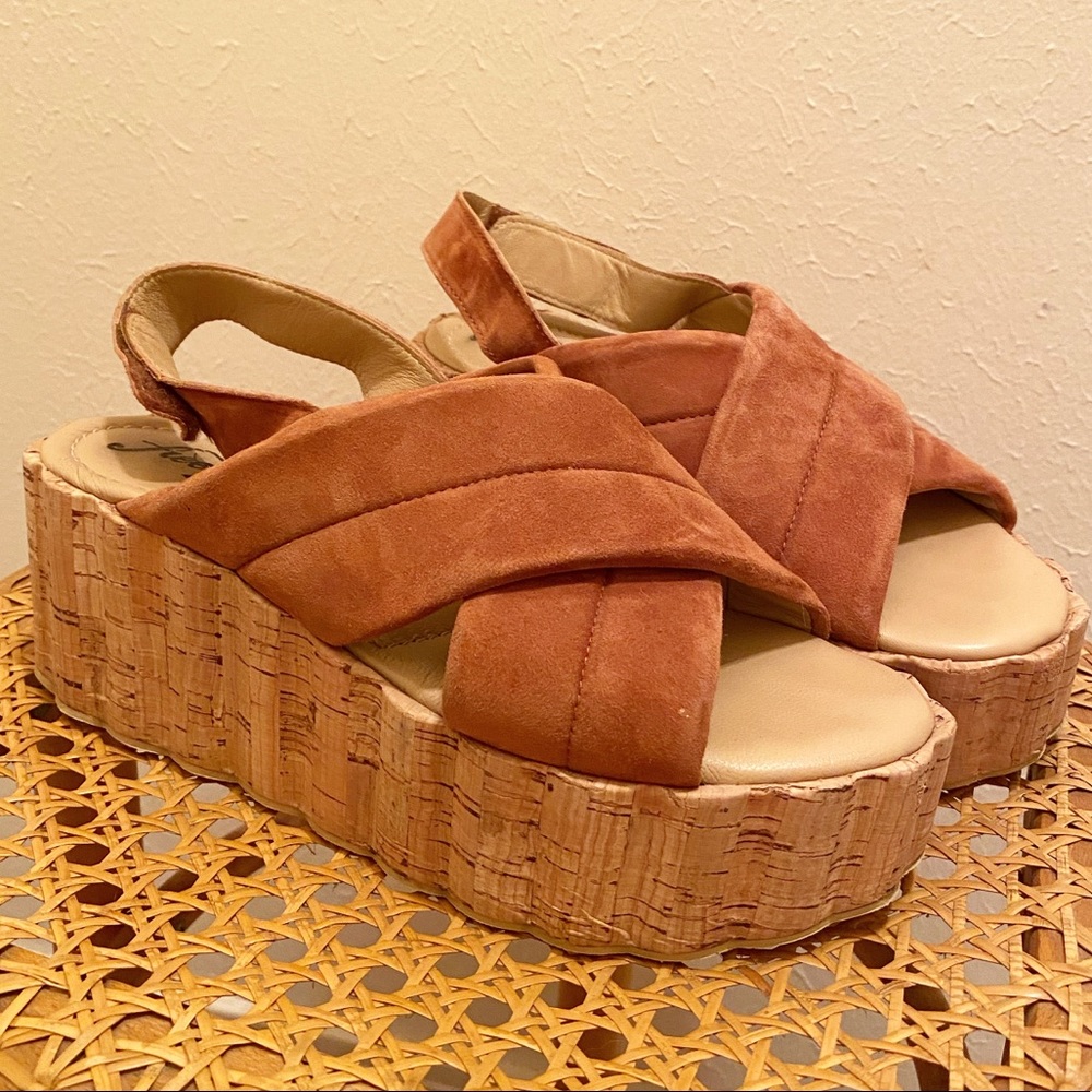 Free People platform cognac cork heel sandals